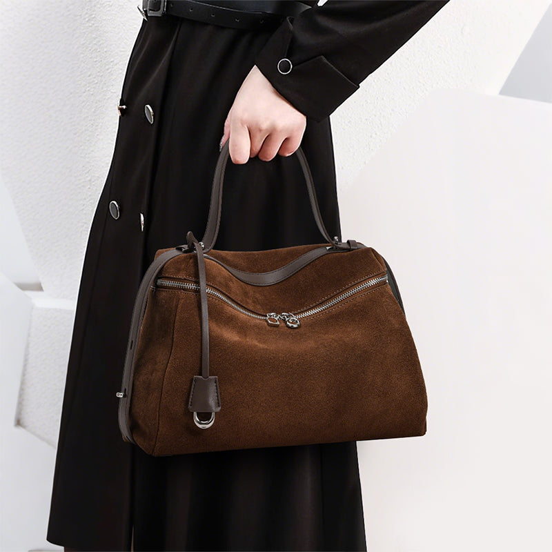 Genuine Suede Cowhide Womens Handheld Bag,Soft Horizontal Tote,Multi Compartment Vintage Daily Shoulder Purse