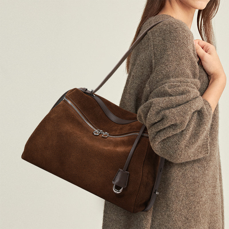 Genuine Suede Cowhide Womens Handheld Bag,Soft Horizontal Tote,Multi Compartment Vintage Daily Shoulder Purse