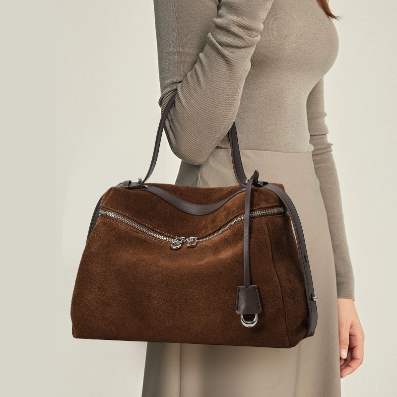 Genuine Suede Cowhide Womens Handheld Bag,Soft Horizontal Tote,Multi Compartment Vintage Daily Shoulder Purse