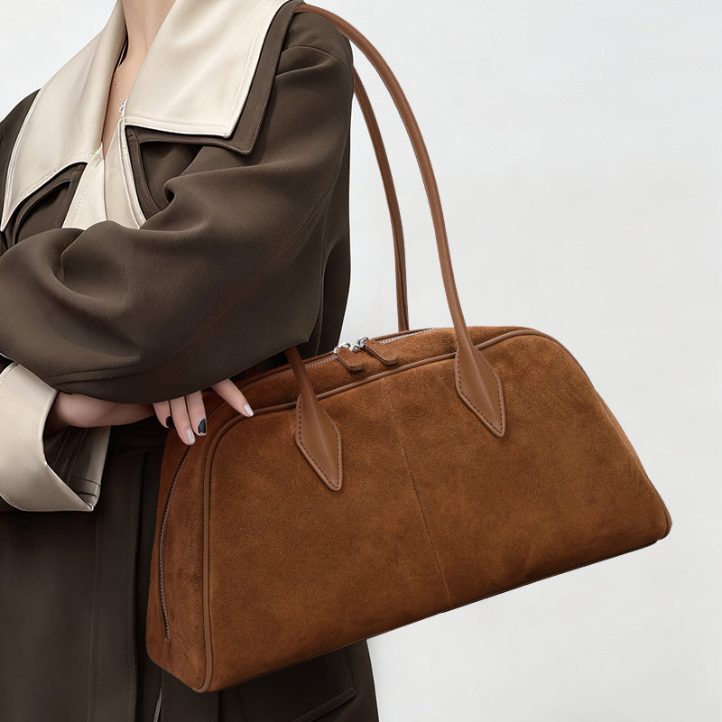 Genuine Suede Cowhide Womens Shoulder Bag,Long Pillow Underarm Tote,Retro Large Capacity Handheld Purse