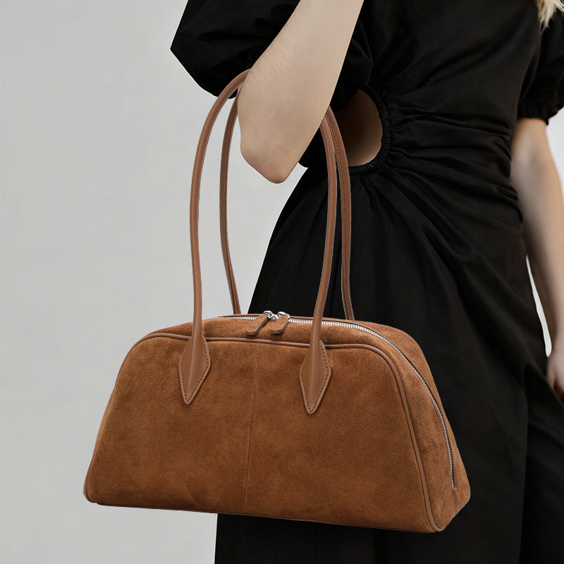Genuine Suede Cowhide Womens Shoulder Bag,Long Pillow Underarm Tote,Retro Large Capacity Handheld Purse