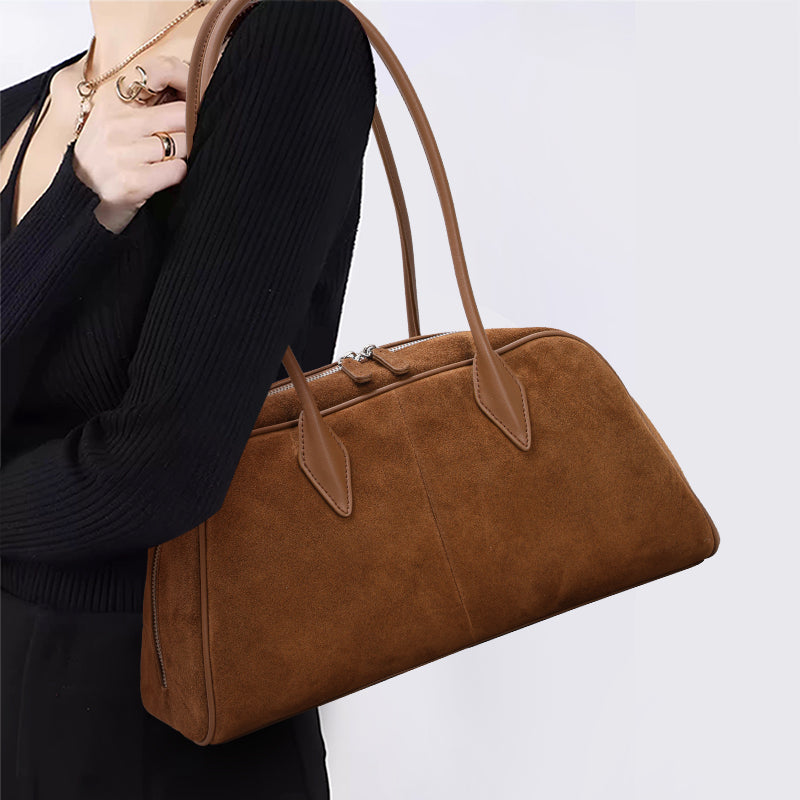 Genuine Suede Cowhide Womens Shoulder Bag,Long Pillow Underarm Tote,Retro Large Capacity Handheld Purse