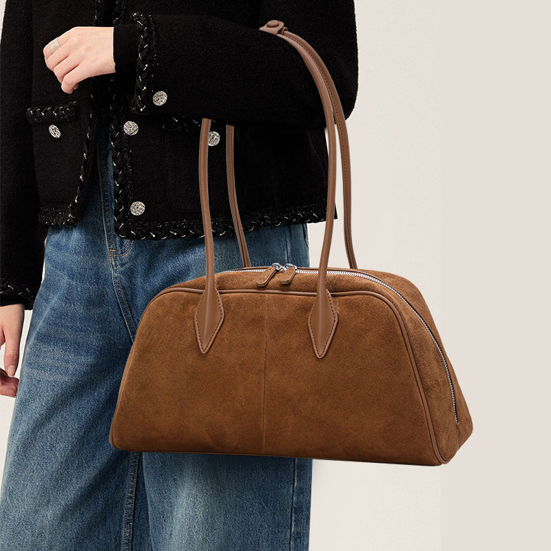Genuine Suede Cowhide Womens Shoulder Bag,Long Pillow Underarm Tote,Retro Large Capacity Handheld Purse