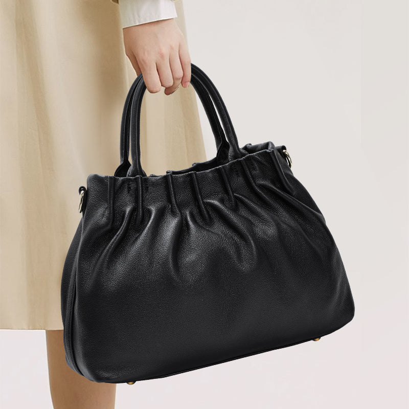 Genuine Cowhide Womens Handbag,Gathered Pebbled Cloud Tote,Detachable Strap Large Capacity Crossbody Purse