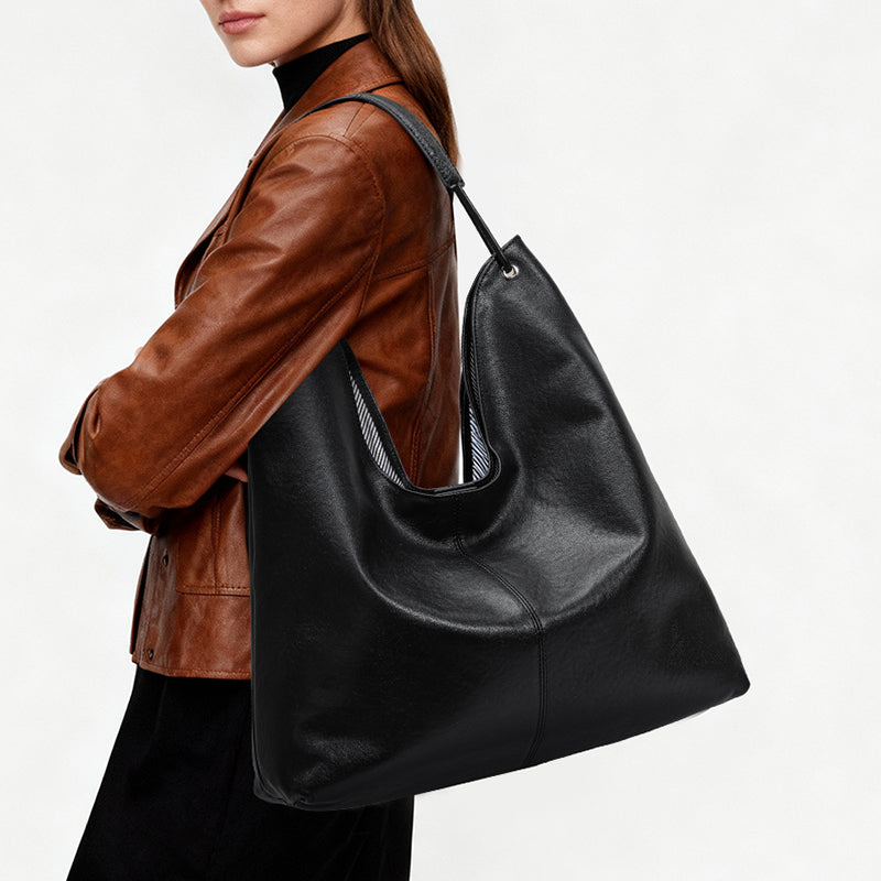 Genuine Cowhide Women's Bag, Grain Soft U-Shape Tote, Detachable Storage Pouch, Multi-Compartment Large Commuter Shoulder Handbag