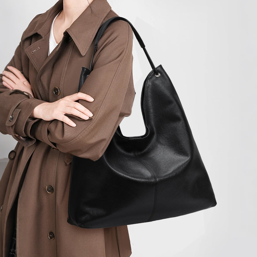 Genuine Cowhide Women's Bag, Grain Soft U-Shape Tote, Detachable Storage Pouch, Multi-Compartment Large Commuter Shoulder Handbag