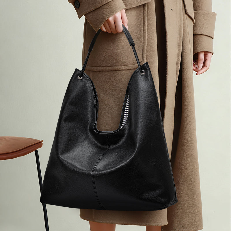 Genuine Cowhide Women's Bag, Grain Soft U-Shape Tote, Detachable Storage Pouch, Multi-Compartment Large Commuter Shoulder Handbag