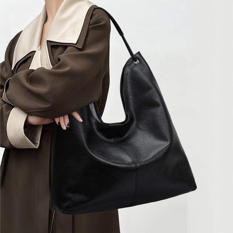 Genuine Cowhide Women's Bag, Grain Soft U-Shape Tote, Detachable Storage Pouch, Multi-Compartment Large Commuter Shoulder Handbag