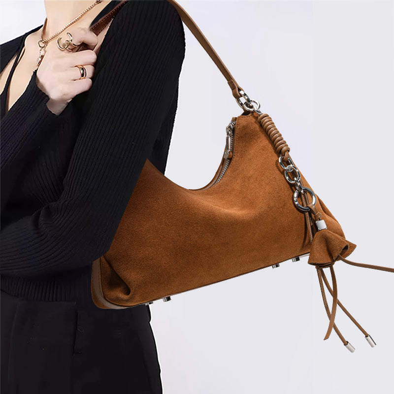 Genuine Cowhide Womens Bag,Matte Suede Crescent Hobo,Detachable Adjustable Strap,Tassel Decor Underarm Shoulder Handbag