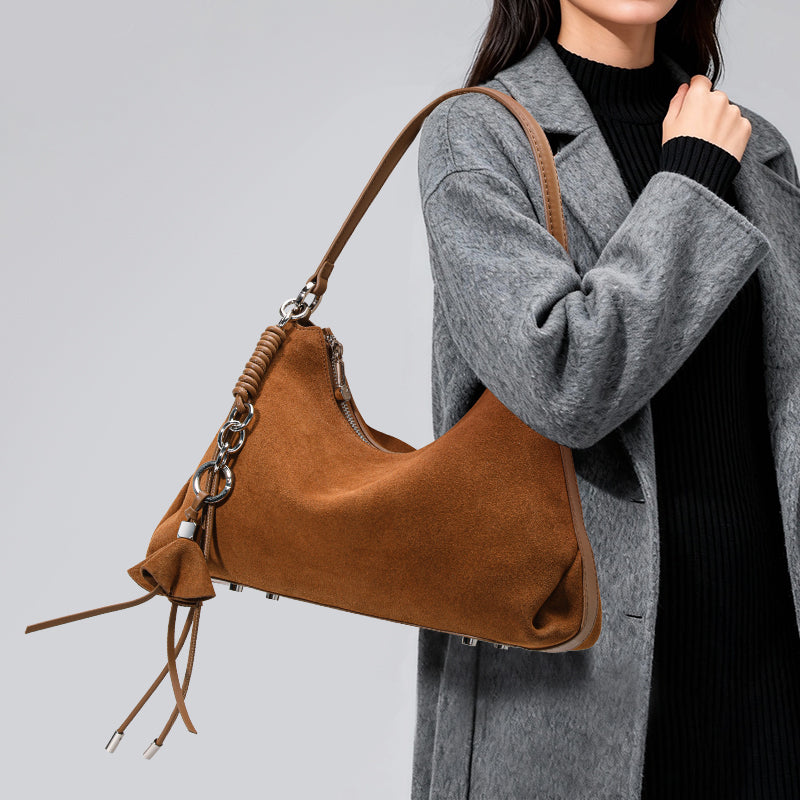 Genuine Cowhide Womens Bag,Matte Suede Crescent Hobo,Detachable Adjustable Strap,Tassel Decor Underarm Shoulder Handbag