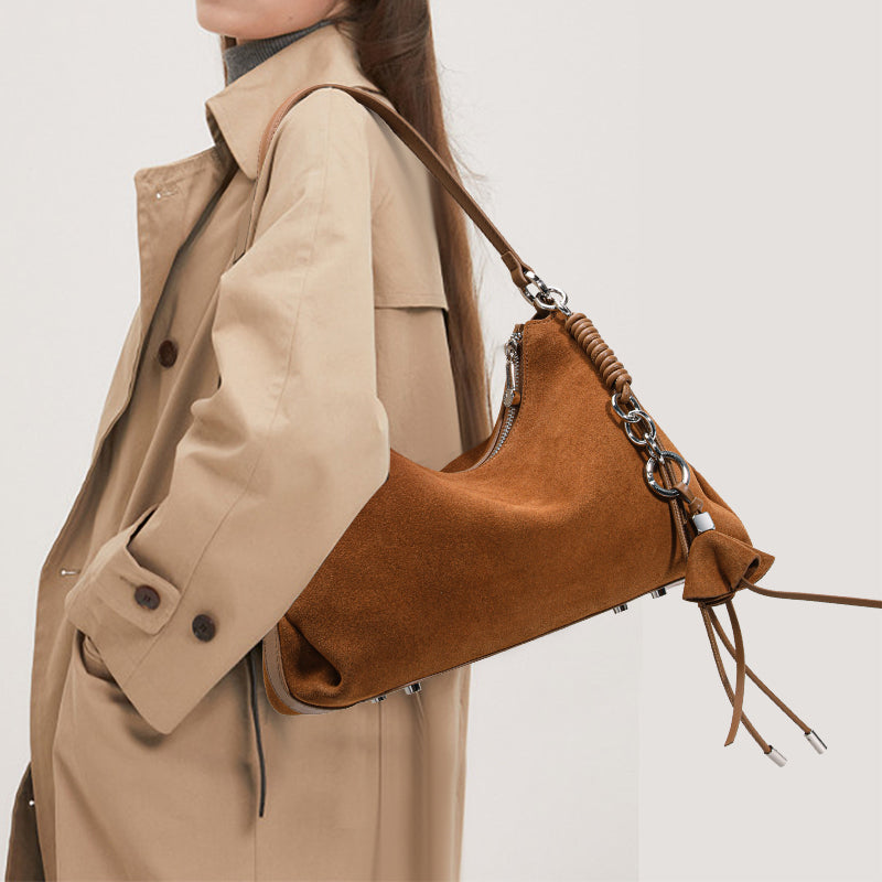 Genuine Cowhide Womens Bag,Matte Suede Crescent Hobo,Detachable Adjustable Strap,Tassel Decor Underarm Shoulder Handbag
