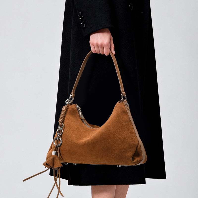 Genuine Cowhide Womens Bag,Matte Suede Crescent Hobo,Detachable Adjustable Strap,Tassel Decor Underarm Shoulder Handbag