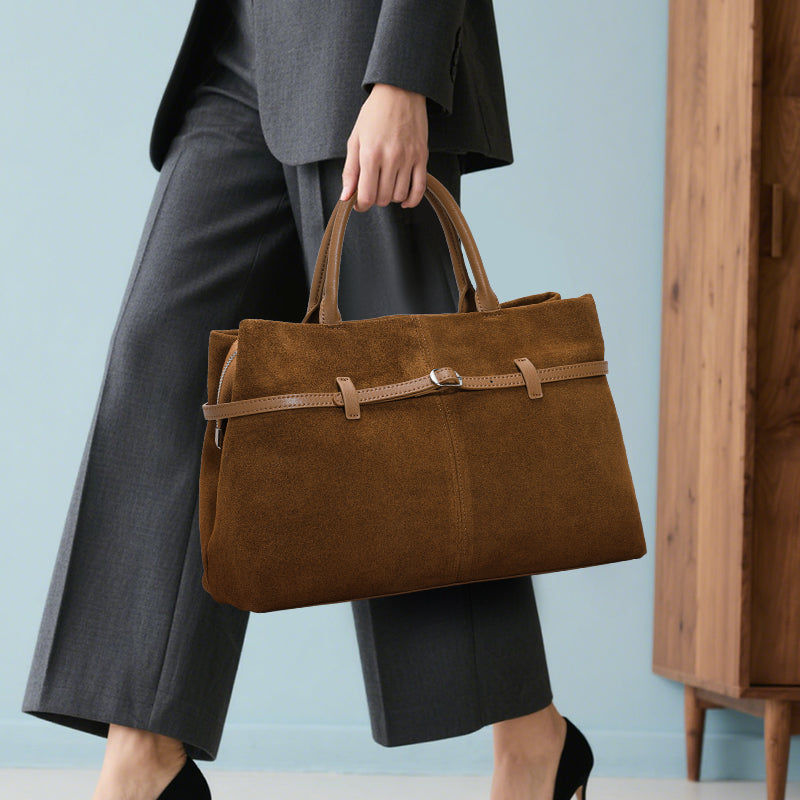 Genuine Cowhide Womens Bag,Matte Suede Soft Rectangular Tote,Detachable Adjustable Strap Commute Handbag