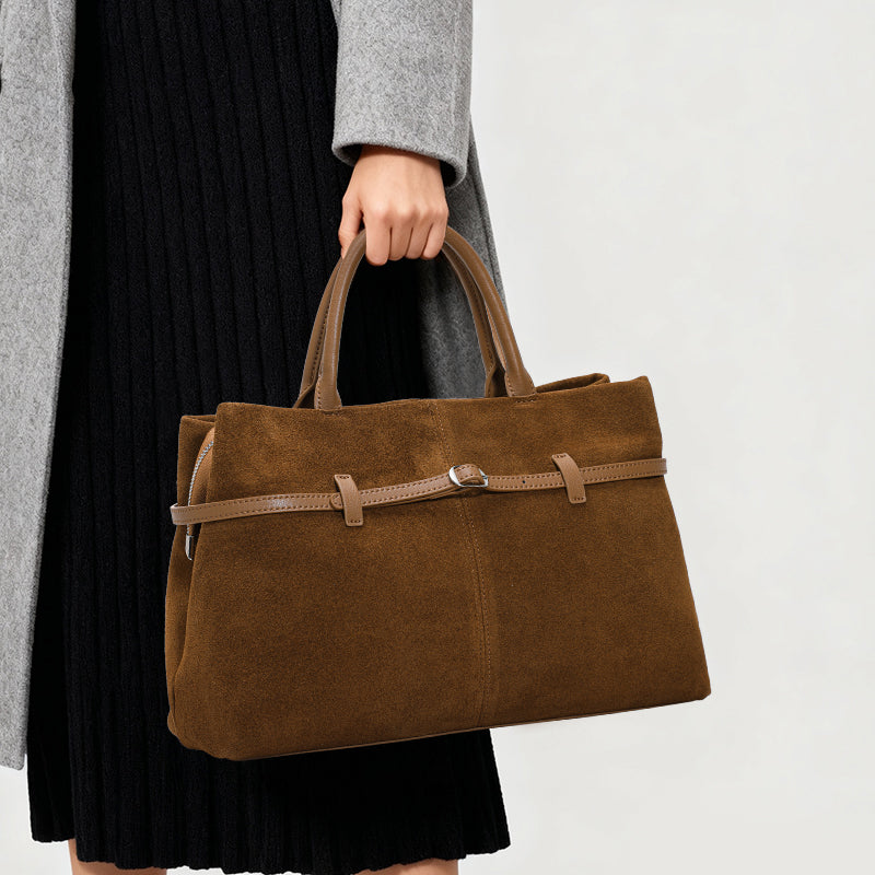 Genuine Cowhide Womens Bag,Matte Suede Soft Rectangular Tote,Detachable Adjustable Strap Commute Handbag