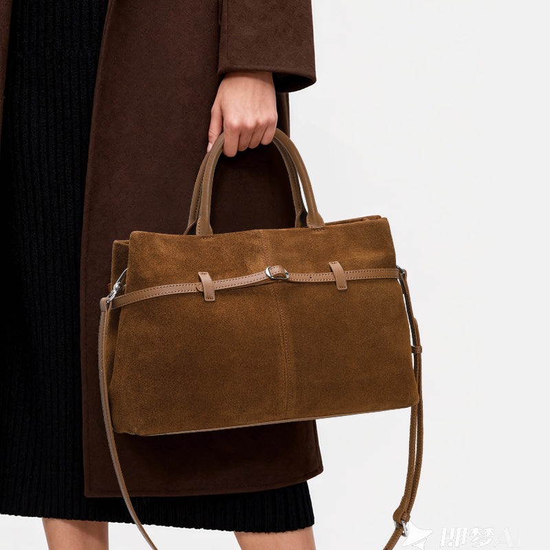 Genuine Cowhide Womens Bag,Matte Suede Soft Rectangular Tote,Detachable Adjustable Strap Commute Handbag