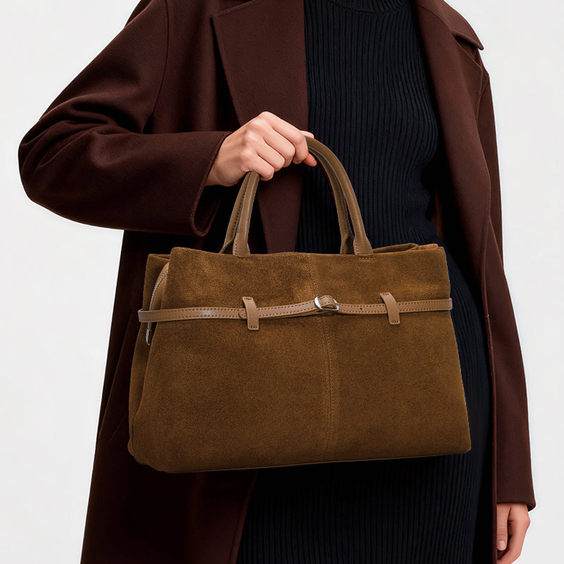 Genuine Cowhide Womens Bag,Matte Suede Soft Rectangular Tote,Detachable Adjustable Strap Commute Handbag