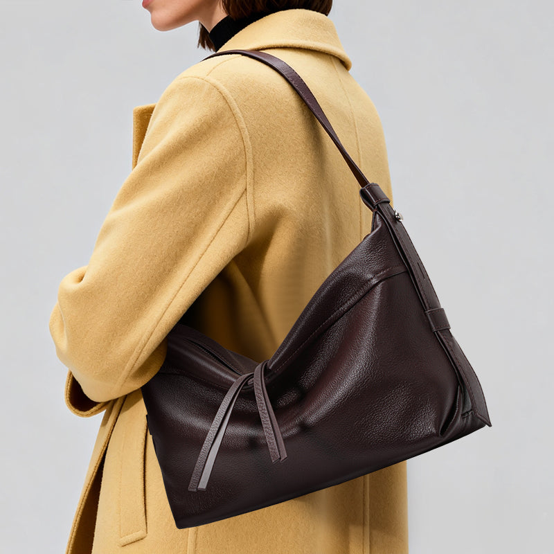 Genuine Cowhide Womens Bag,Natural Pebbled Grain Slouch Hobo Tote,Adjustable Wide Strap Daily Commute Shoulder Handbag