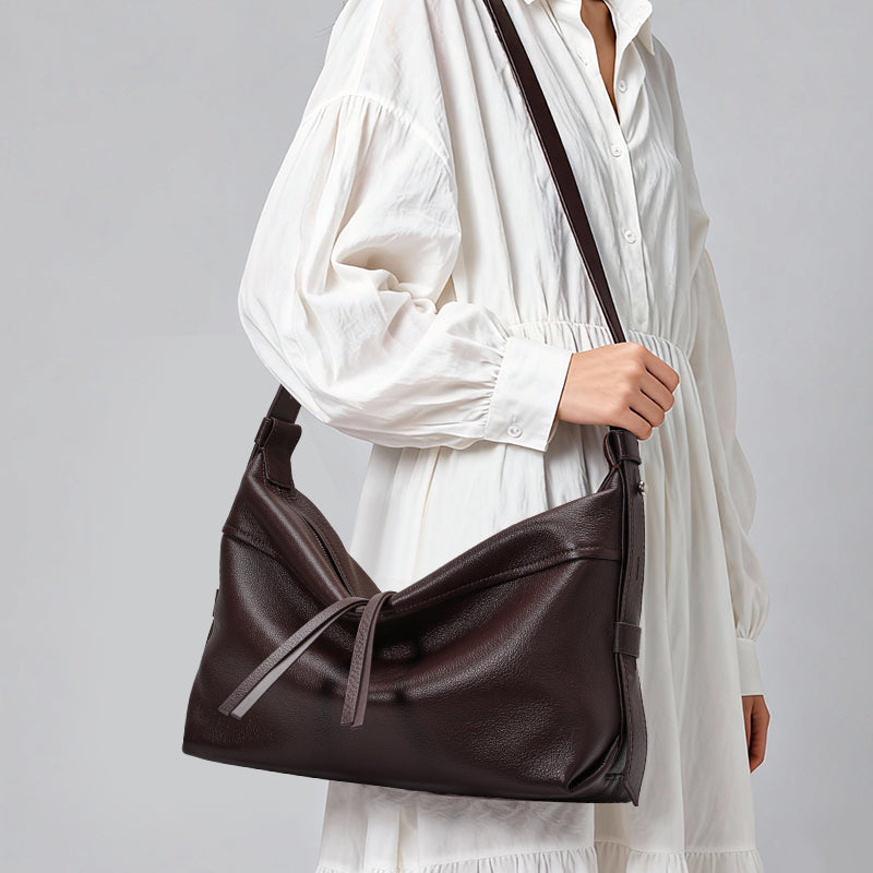 Genuine Cowhide Womens Bag,Natural Pebbled Grain Slouch Hobo Tote,Adjustable Wide Strap Daily Commute Shoulder Handbag