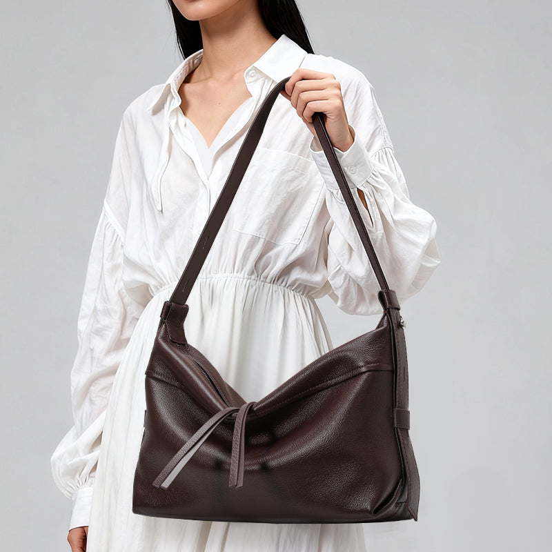 Genuine Cowhide Womens Bag,Natural Pebbled Grain Slouch Hobo Tote,Adjustable Wide Strap Daily Commute Shoulder Handbag