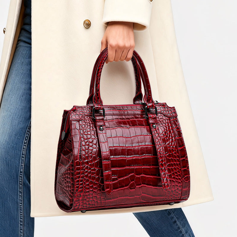 Genuine Cowhide Womens Bag,Glossy Croc Embossed Structured Tote,Detachable Shoulder Strap Large Business Handbag