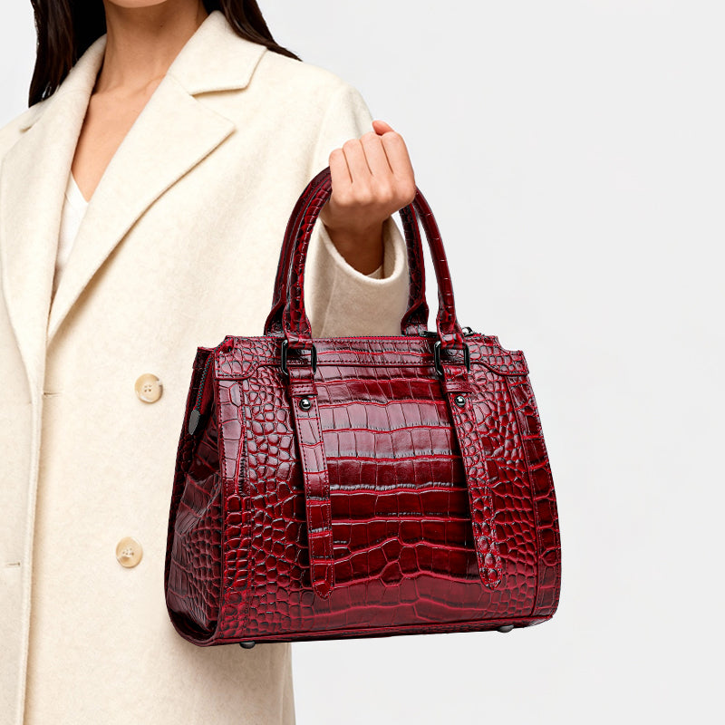 Genuine Cowhide Womens Bag,Glossy Croc Embossed Structured Tote,Detachable Shoulder Strap Large Business Handbag