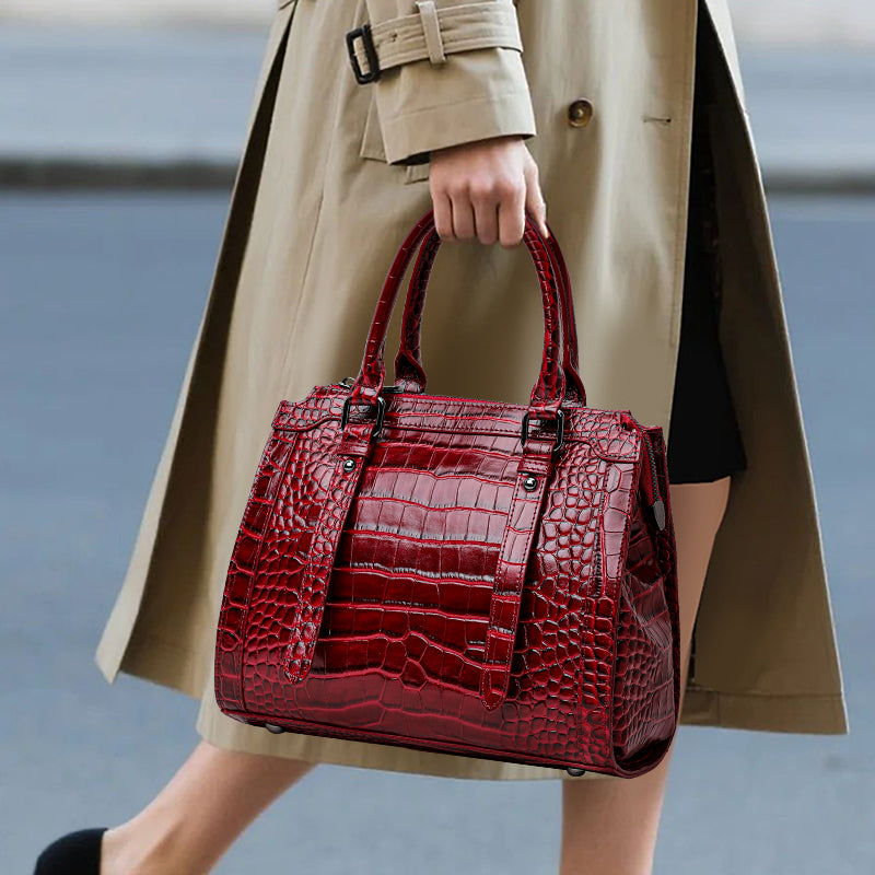 Genuine Cowhide Womens Bag,Glossy Croc Embossed Structured Tote,Detachable Shoulder Strap Large Business Handbag