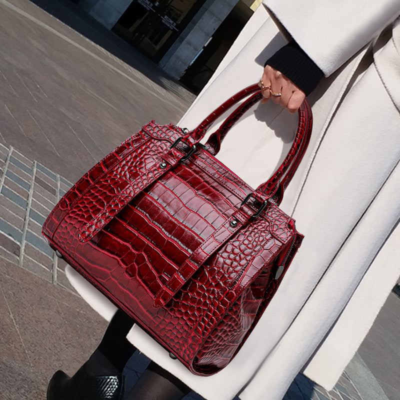 Genuine Cowhide Womens Bag,Glossy Croc Embossed Structured Tote,Detachable Shoulder Strap Large Business Handbag