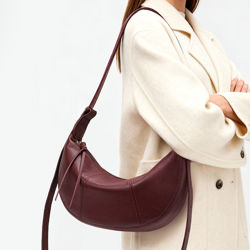 Genuine Cowhide Womens Bag,Pebbled Crescent Hobo Purse,Dual Replaceable Straps Minimal Underarm Crossbody Shoulder Bag