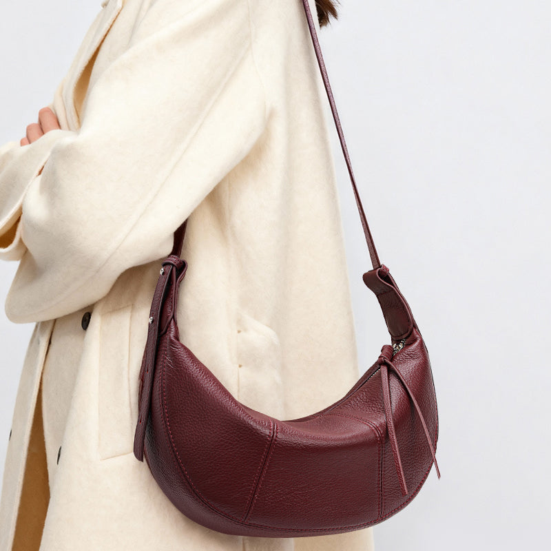 Genuine Cowhide Womens Bag,Pebbled Crescent Hobo Purse,Dual Replaceable Straps Minimal Underarm Crossbody Shoulder Bag