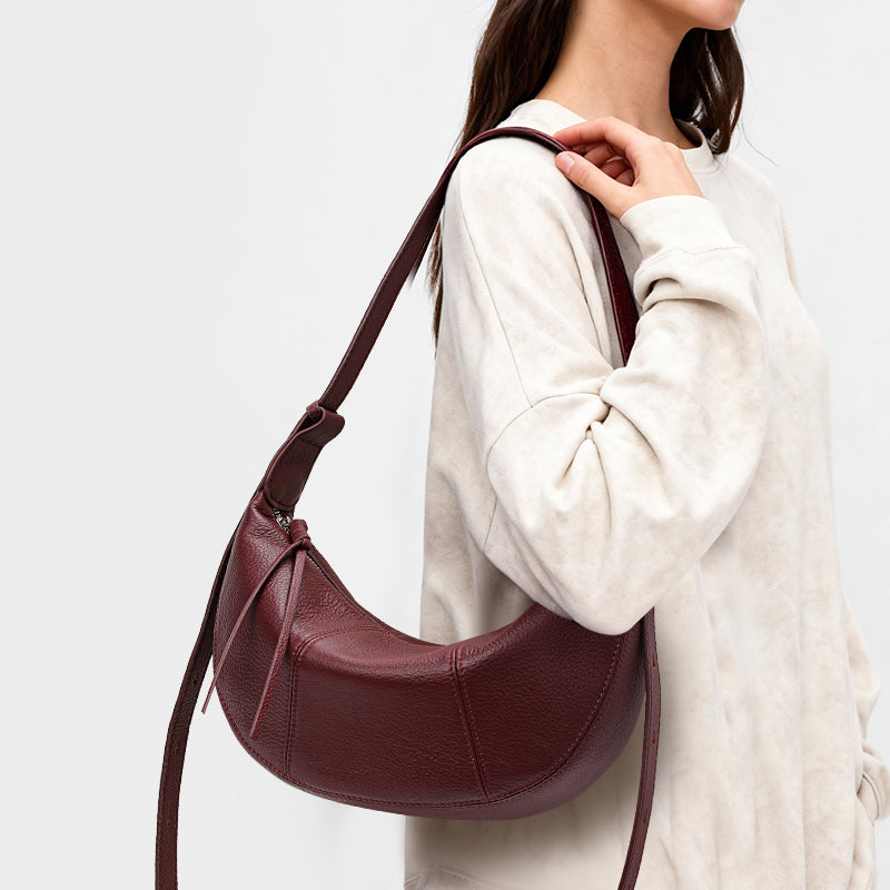 Genuine Cowhide Womens Bag,Pebbled Crescent Hobo Purse,Dual Replaceable Straps Minimal Underarm Crossbody Shoulder Bag