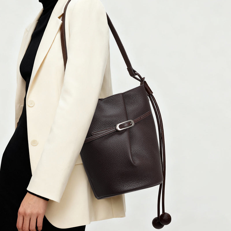 Genuine Cowhide Womens Bag,Pebbled Vertical Bucket Shoulder Bag,Drawstring Decor Matching Fabric Pouch Minimalist Crossbody Purse