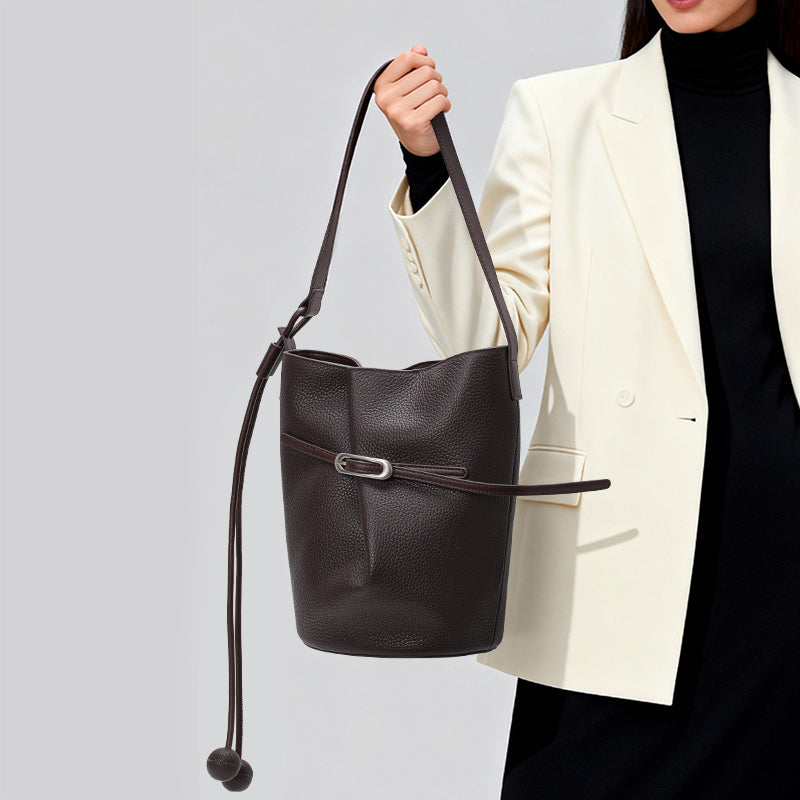 Genuine Cowhide Womens Bag,Pebbled Vertical Bucket Shoulder Bag,Drawstring Decor Matching Fabric Pouch Minimalist Crossbody Purse