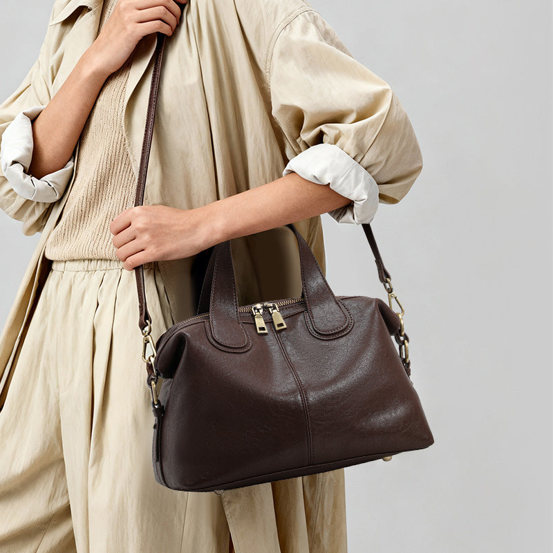 Genuine Cowhide Womens Bag,Dual Removable Straps Pillow Duffle Handbag,Multi Pocket Vintage Daily Travel Crossbody Purse