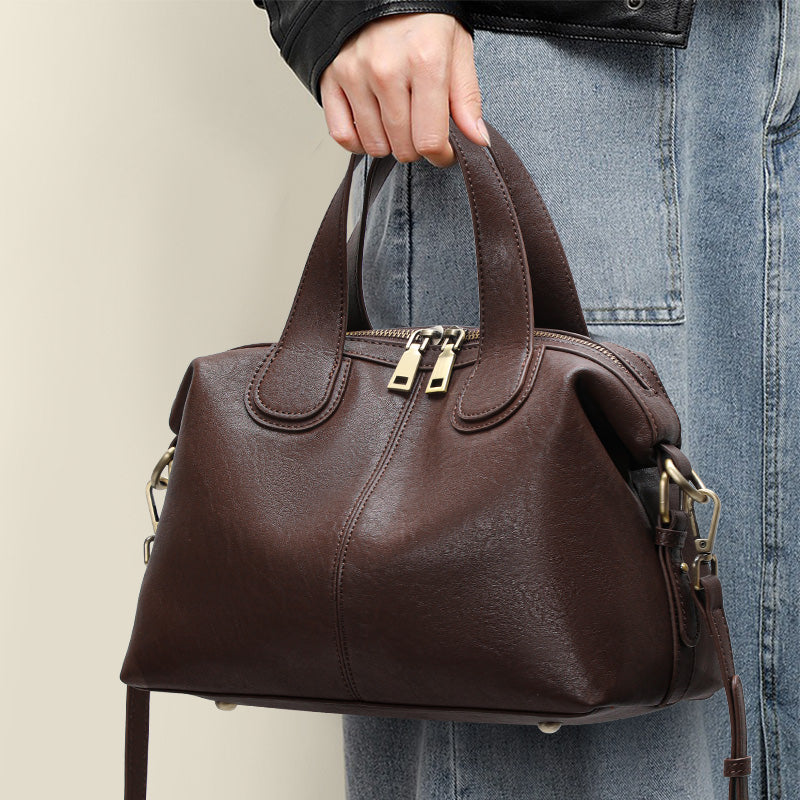 Genuine Cowhide Womens Bag,Dual Removable Straps Pillow Duffle Handbag,Multi Pocket Vintage Daily Travel Crossbody Purse