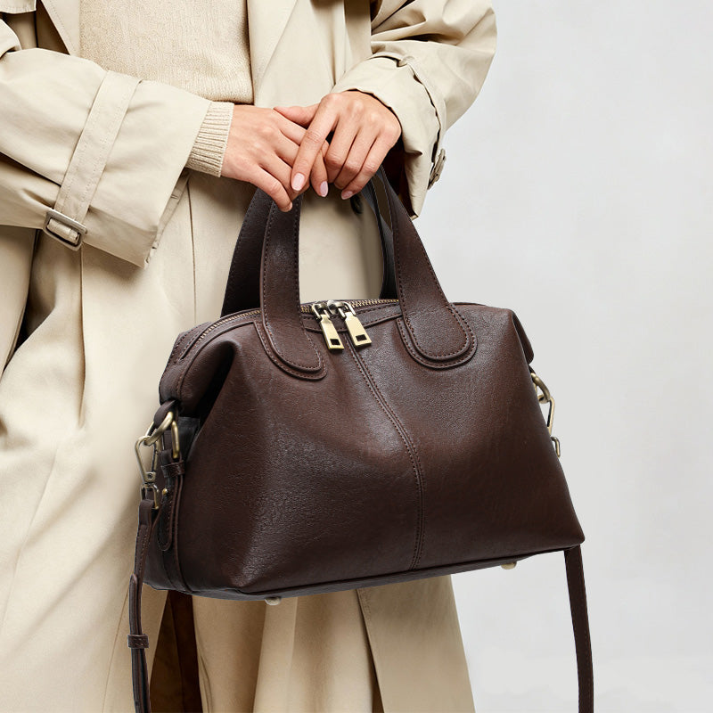 Genuine Cowhide Womens Bag,Dual Removable Straps Pillow Duffle Handbag,Multi Pocket Vintage Daily Travel Crossbody Purse