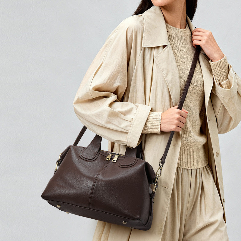 Genuine Cowhide Womens Bag,Dual Removable Straps Pillow Duffle Handbag,Multi Pocket Vintage Daily Travel Crossbody Purse