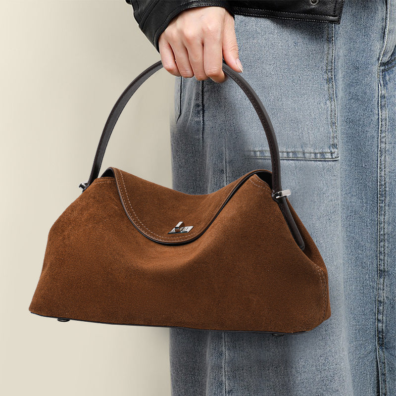 Genuine Cowhide Womens Bag,Suede Flap Hobo Underarm Handbag,Multi Pocket Vintage Daily Shoulder Purse