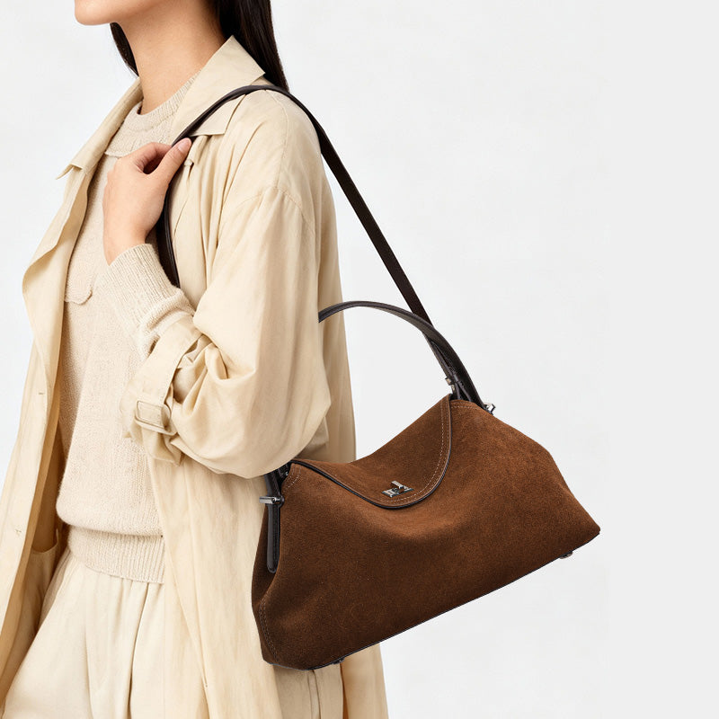 Genuine Cowhide Womens Bag,Suede Flap Hobo Underarm Handbag,Multi Pocket Vintage Daily Shoulder Purse