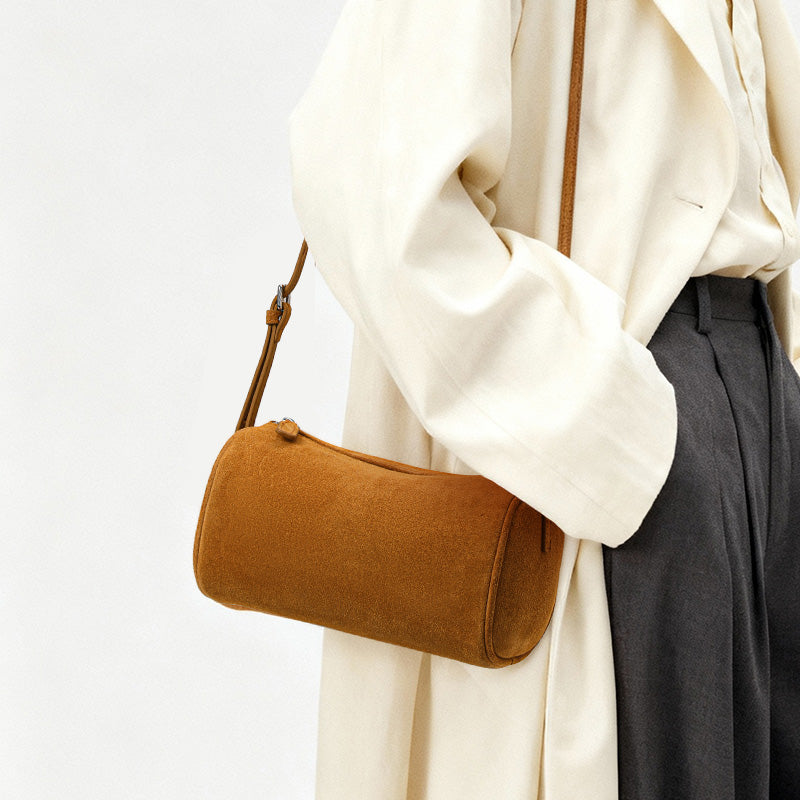 Genuine Cowhide Womens Bag,Suede Cylindrical Mini Underarm Purse,Adjustable Strap Vintage Daily Crossbody Shoulder Bag