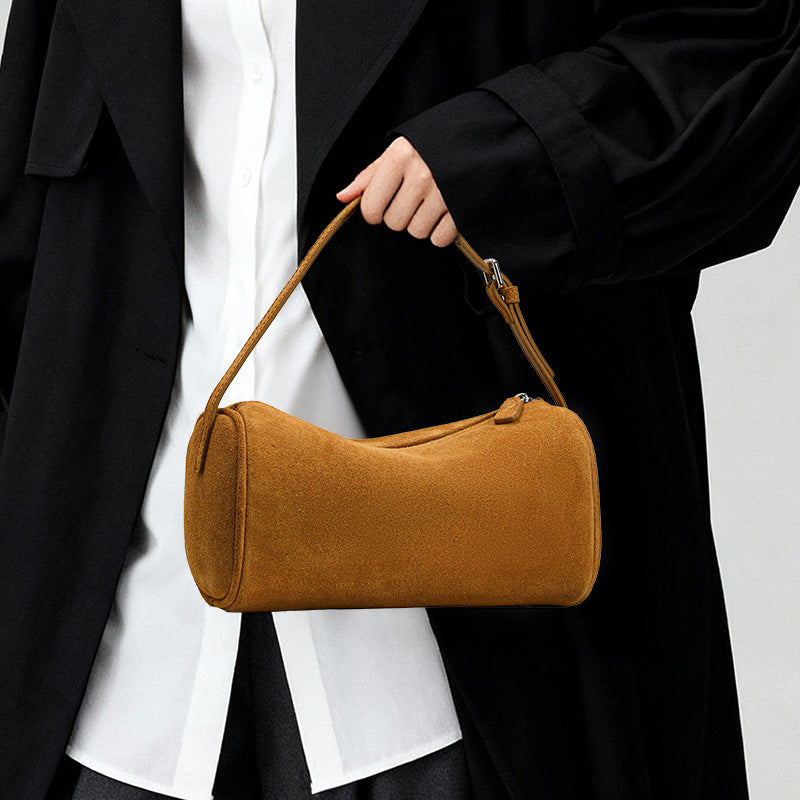 Genuine Cowhide Womens Bag,Suede Cylindrical Mini Underarm Purse,Adjustable Strap Vintage Daily Crossbody Shoulder Bag