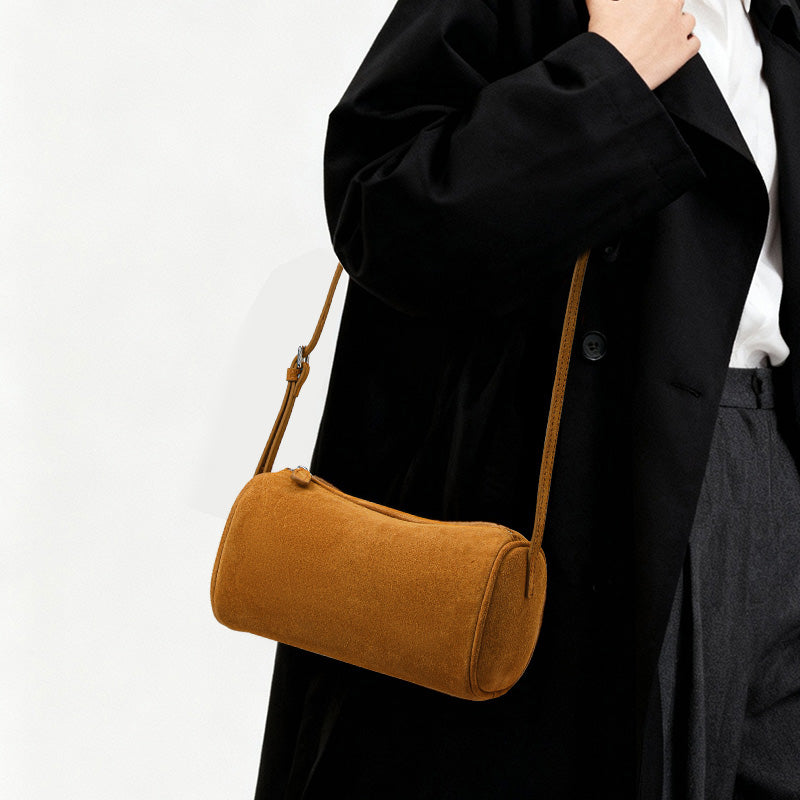 Genuine Cowhide Womens Bag,Suede Cylindrical Mini Underarm Purse,Adjustable Strap Vintage Daily Crossbody Shoulder Bag