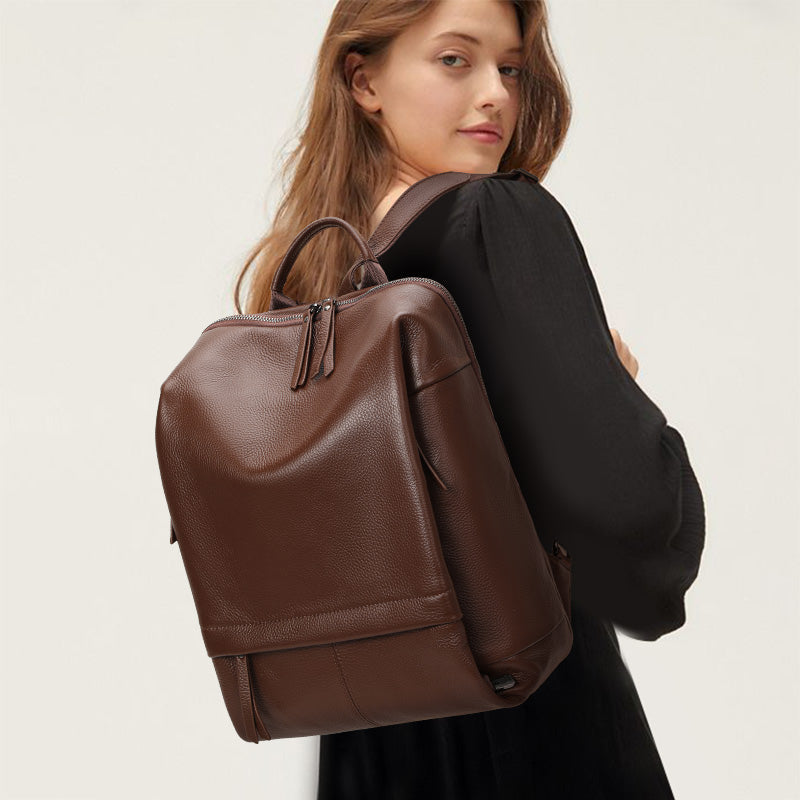 Genuine Cowhide Womens Backpack,Pebbled Grain Vertical Rucksack,Large Capacity Multi Compartment Daily Travel Shoulder Bag