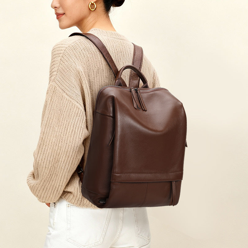 Genuine Cowhide Womens Backpack,Pebbled Grain Vertical Rucksack,Large Capacity Multi Compartment Daily Travel Shoulder Bag