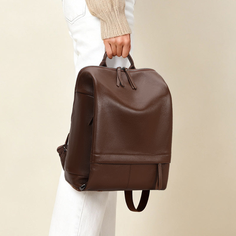 Genuine Cowhide Womens Backpack,Pebbled Grain Vertical Rucksack,Large Capacity Multi Compartment Daily Travel Shoulder Bag