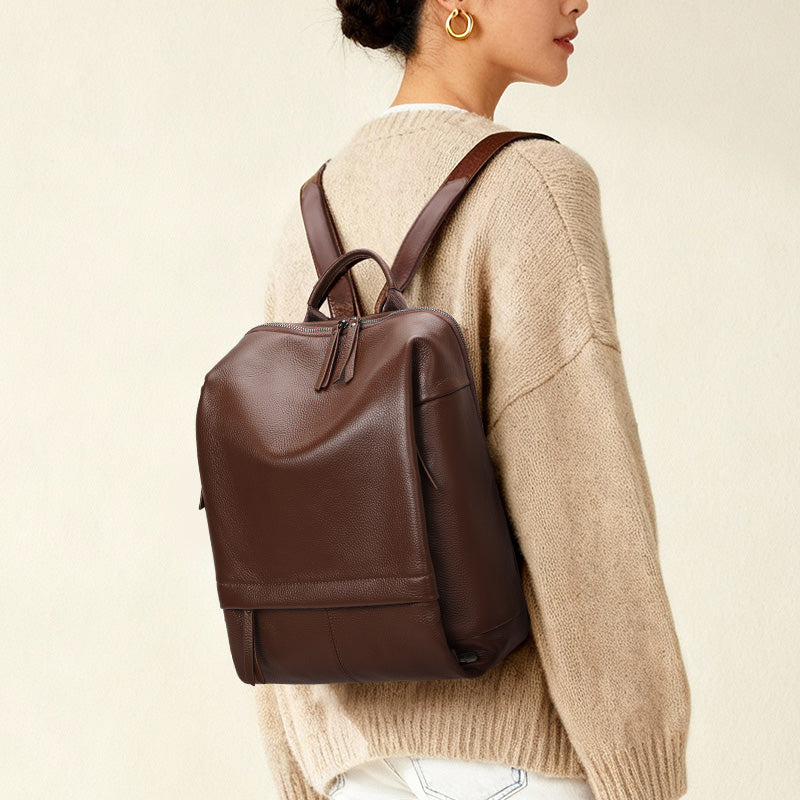 Genuine Cowhide Womens Backpack,Pebbled Grain Vertical Rucksack,Large Capacity Multi Compartment Daily Travel Shoulder Bag