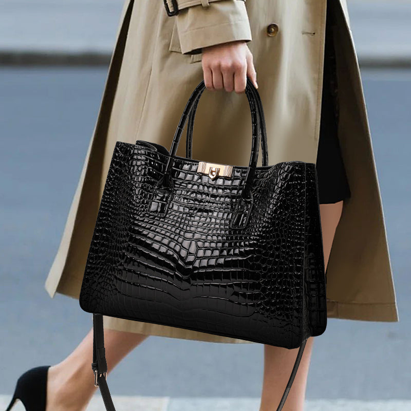 Genuine Cowhide Womens Tote Bag,Gloss Crocodile Embossed Structured Handbag,Detachable Strap Large Capacity Office Crossbody Purse