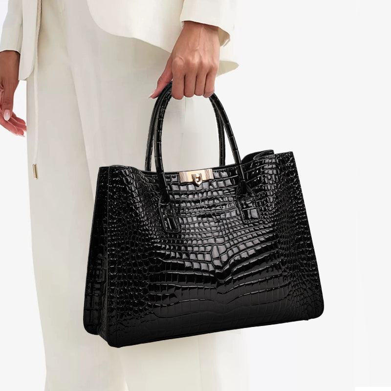 Genuine Cowhide Womens Tote Bag,Gloss Crocodile Embossed Structured Handbag,Detachable Strap Large Capacity Office Crossbody Purse