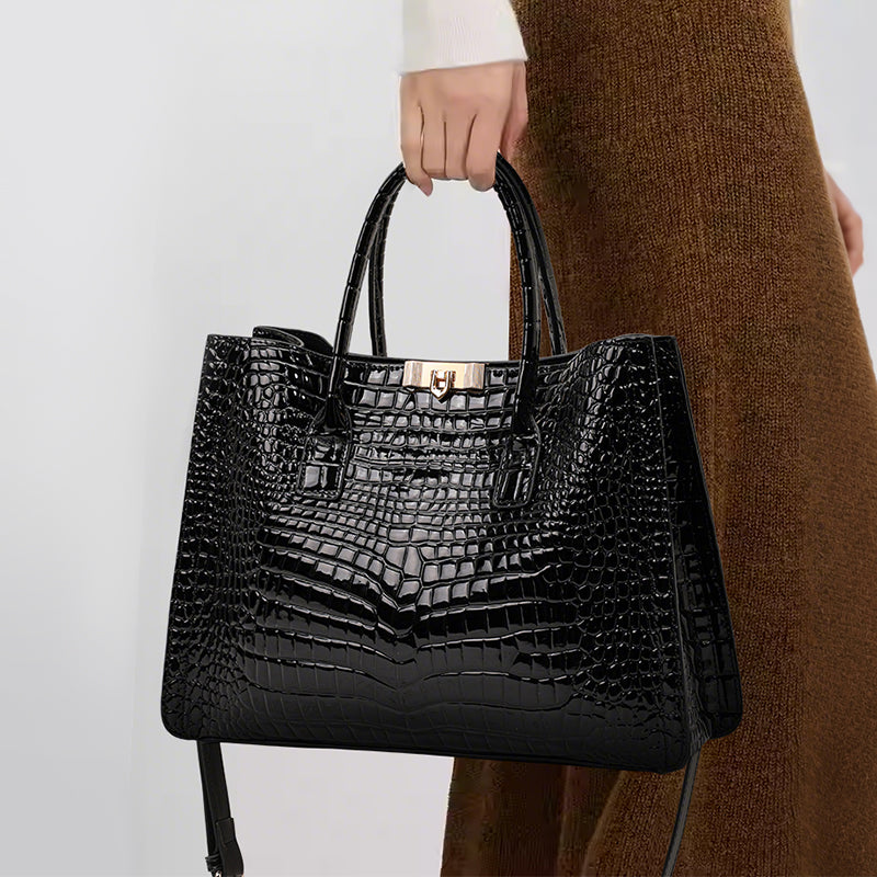 Genuine Cowhide Womens Tote Bag,Gloss Crocodile Embossed Structured Handbag,Detachable Strap Large Capacity Office Crossbody Purse