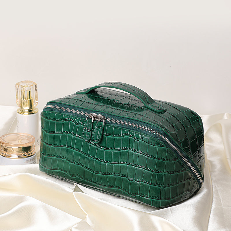 Genuine Cowhide Womens Cosmetic Bag,Crocodile Embossed Rounded Structured Handheld Large Capacity Multi Compartment Travel Toiletry Pouch