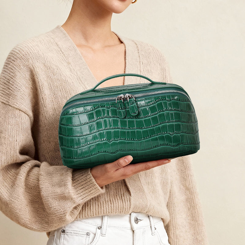 Genuine Cowhide Womens Cosmetic Bag,Crocodile Embossed Rounded Structured Handheld Large Capacity Multi Compartment Travel Toiletry Pouch